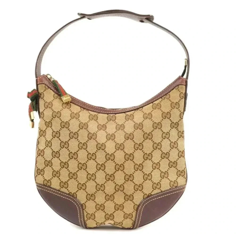 Authentic Gucci Princy Small Shoulder Bag Beige Brown GG Canvas Leather 162895